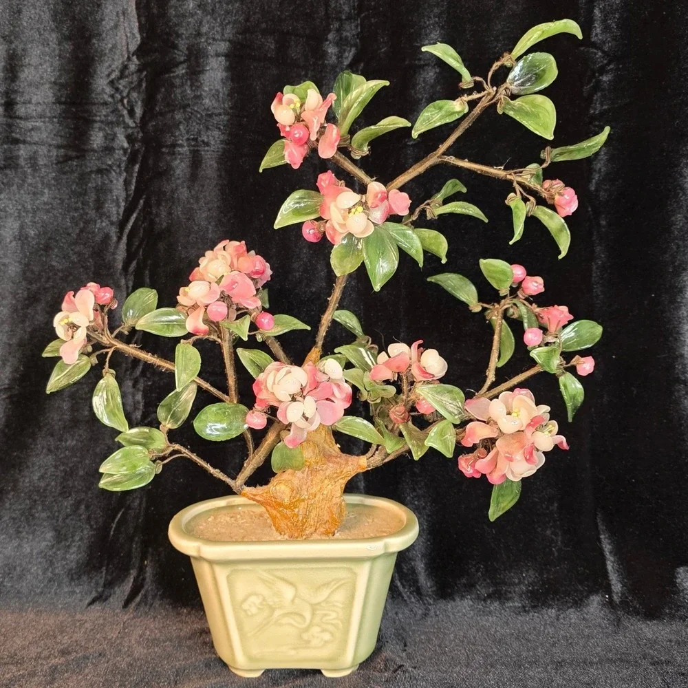 VTG Chinese Peking Glass Bonsai Tree Pink Cherry Blossom Celadon Crane 13